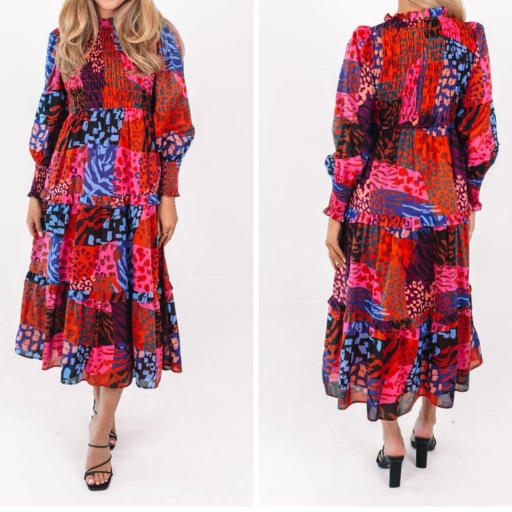 J. Marie The Jade Midi Dress Colorful Patchwork Look‎ Long Sleeve Smocked Bust L
